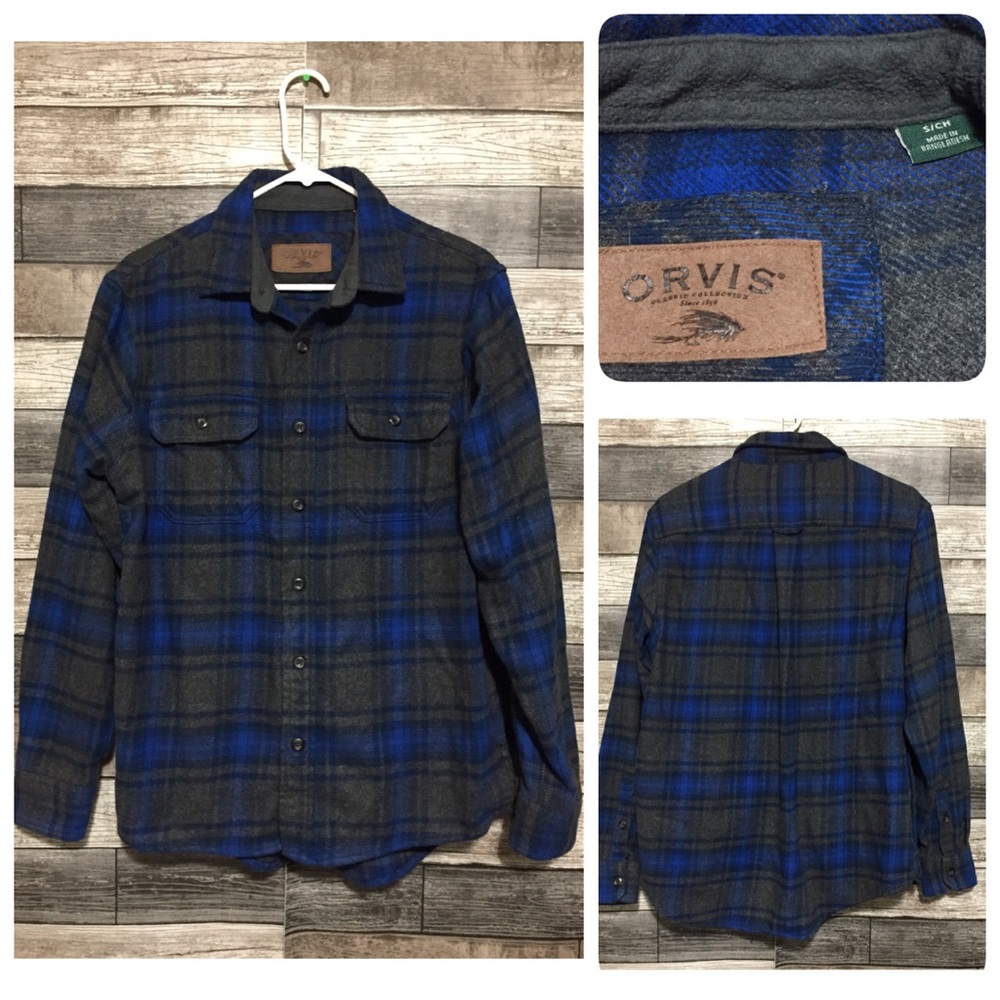 Orvis Heavyweight Flannel Shirt Men’s S Gray Blue Plaid Button Up Shacket